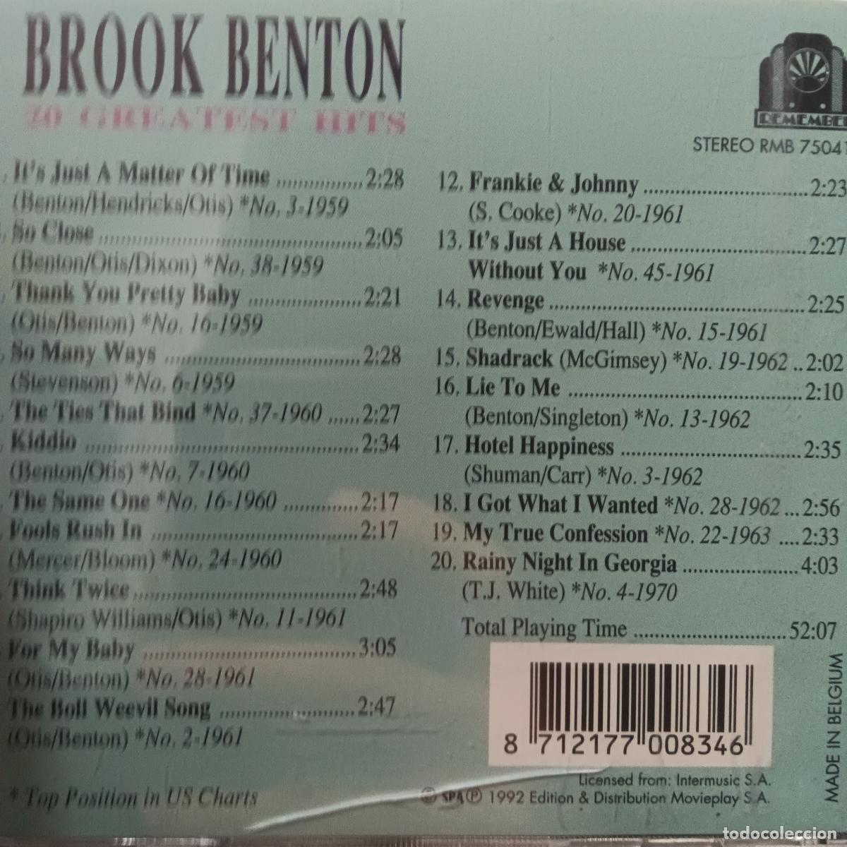 CDs de m&uacute;sica: BROOK BENTON, 20 GREATEST HITS. CD - Foto 2