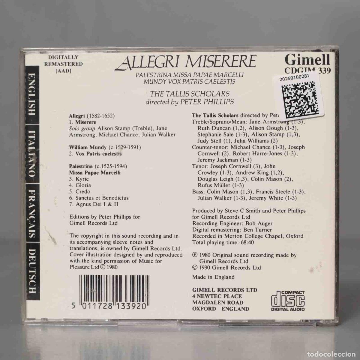 CDs de m&uacute;sica: CD. Peter Phillips &ndash; Miserere. ALLEGRI - Foto 2
