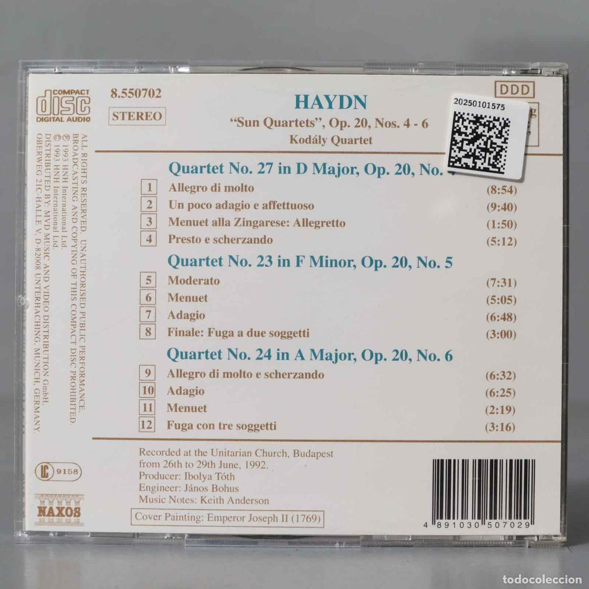 CDs de m&uacute;sica: CD. Haydn, Kod&aacute;ly Quartet &ndash; String Quartets Op. 20 &acute;Sun&acute; Nos. 4 - 6 - Foto 2