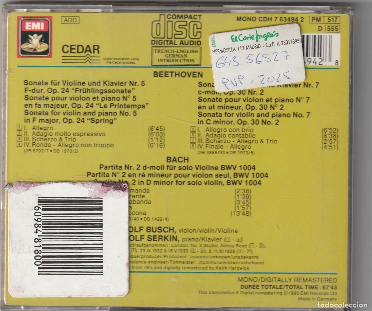 CDs de m&uacute;sica: ADOLF BUSCH - BEETHOVEN &middot; BACH (CD EMI 1990) RUDOLF SERKIN - Foto 2