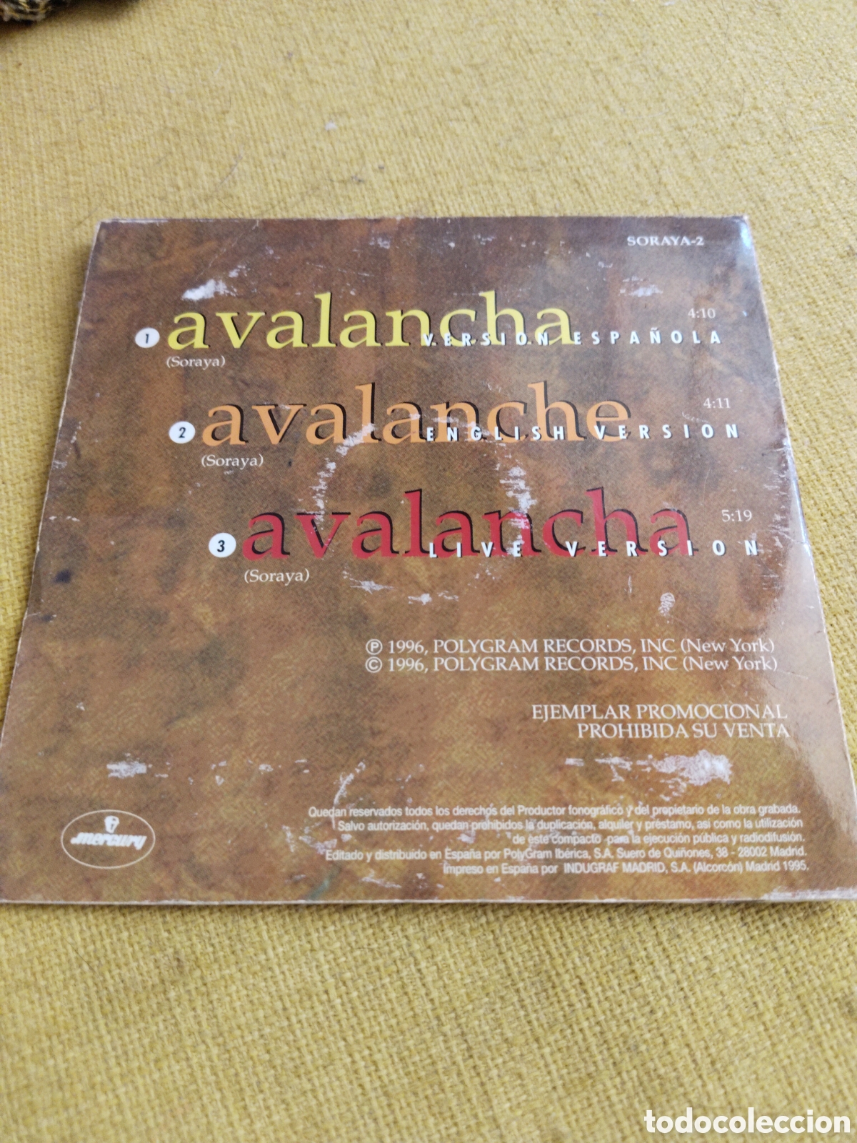 CDs de m&uacute;sica: Soraya&nbsp;&ndash;&nbsp;Avalancha. Cd single 1996 Espa&ntilde;a - Foto 2
