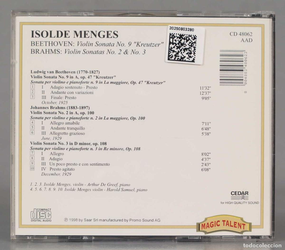 CDs de m&uacute;sica: CD. Beethoven. Brahms. MENGERS. VIOLIN SONATAS - Foto 2