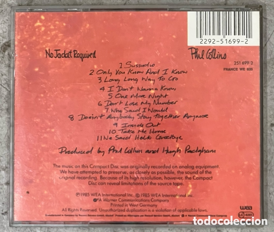 CDs de m&uacute;sica: CD. Phil Collins. &ldquo;No Jacket Required&rdquo;. 1985. - Foto 2