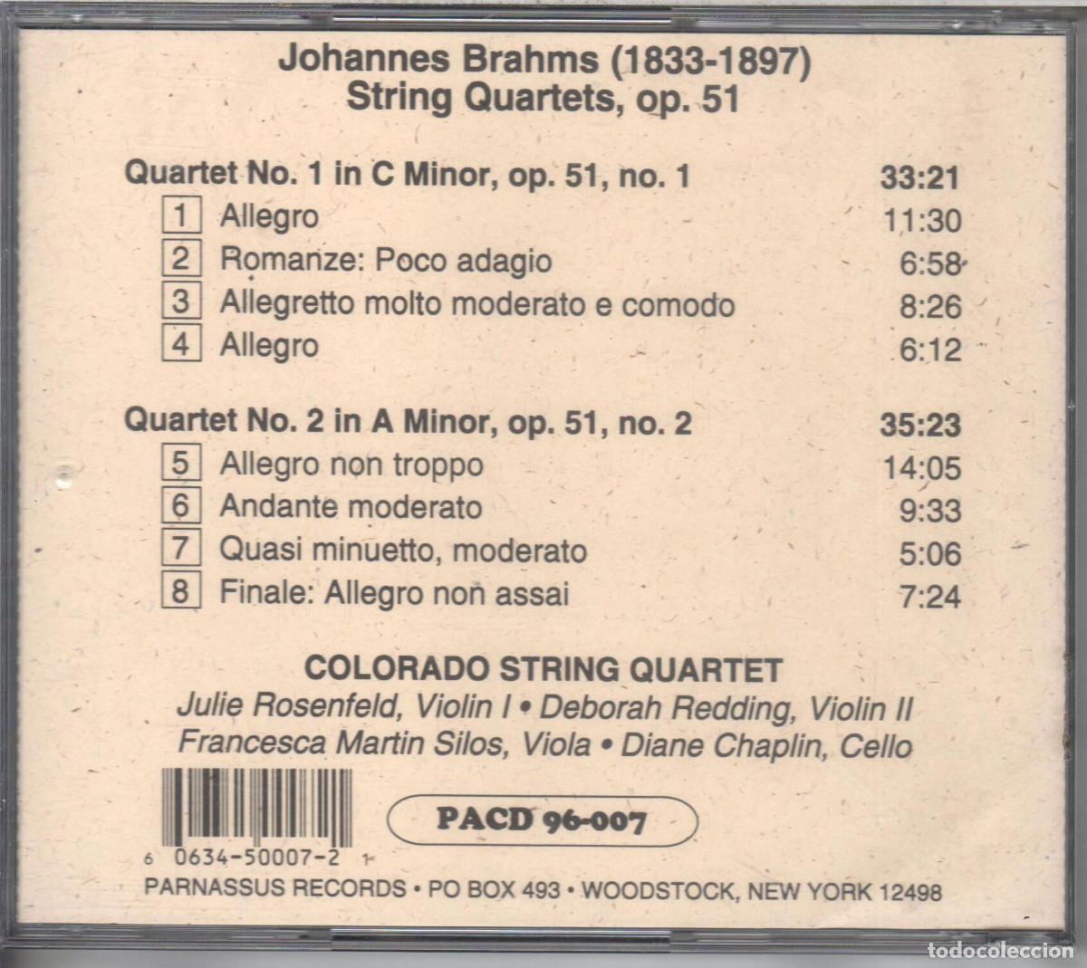 CDs de m&uacute;sica: Brahms: Cuartetos, Op.51 Colorado string Quartet Nuevo - Foto 2