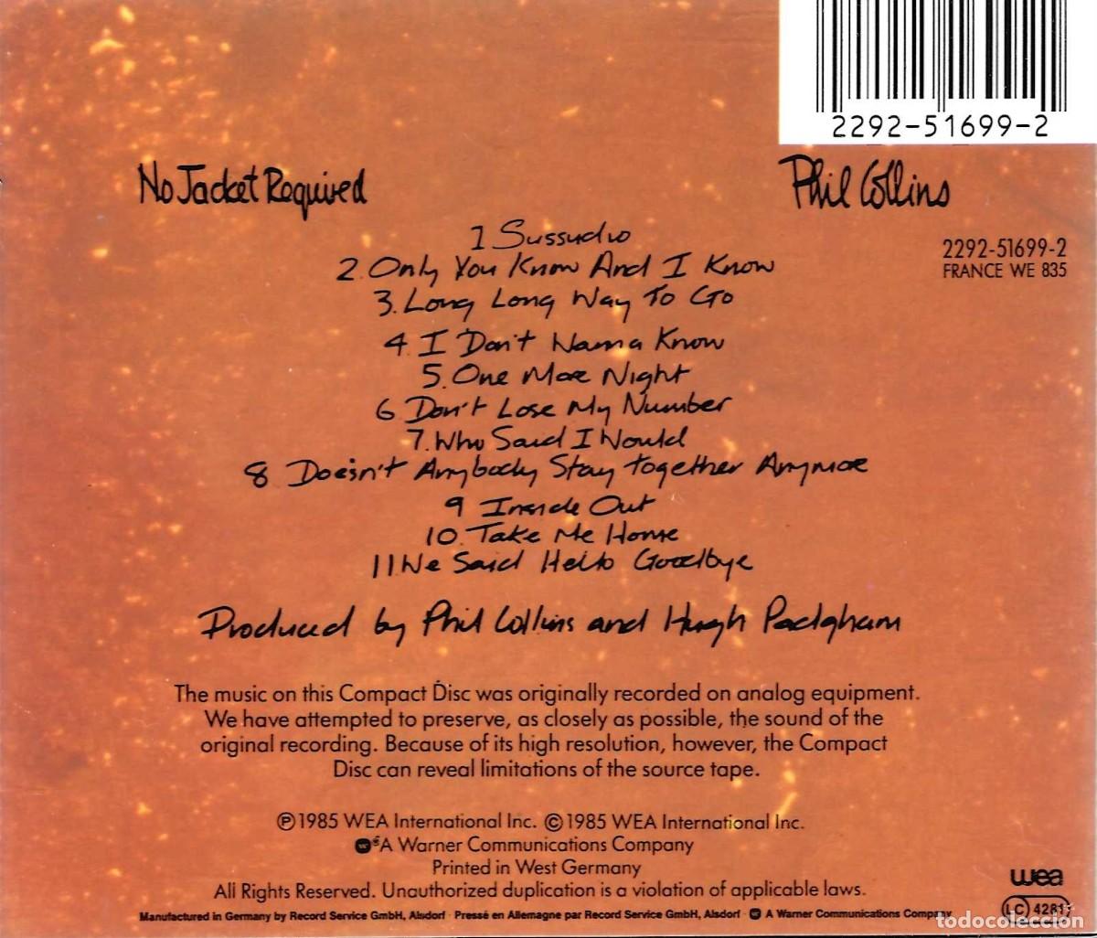 CDs de m&uacute;sica: PHIL COLLINS NO JACKET REQUIRED (CD) - Foto 2