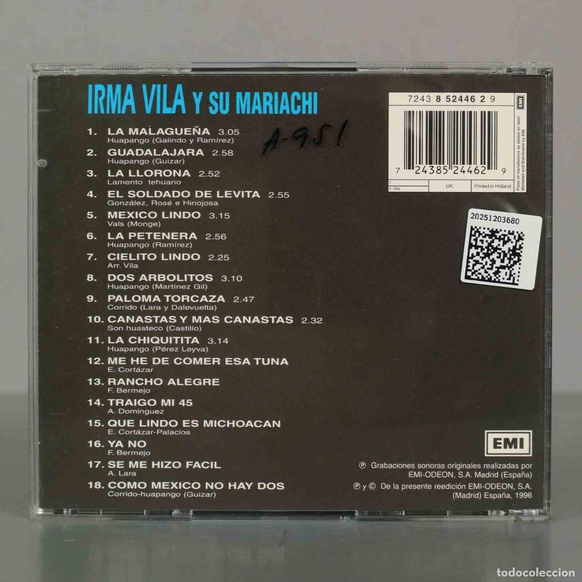 CDs de m&uacute;sica: CD. Irma Vila Y Su Mariachi &ndash; Irma Vila. - Foto 2