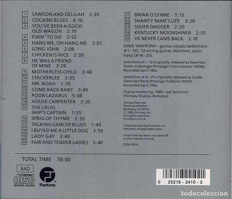 CDs de m&uacute;sica: Dave Van Ronk - Inside Dave Van Ronk. CD - Foto 2