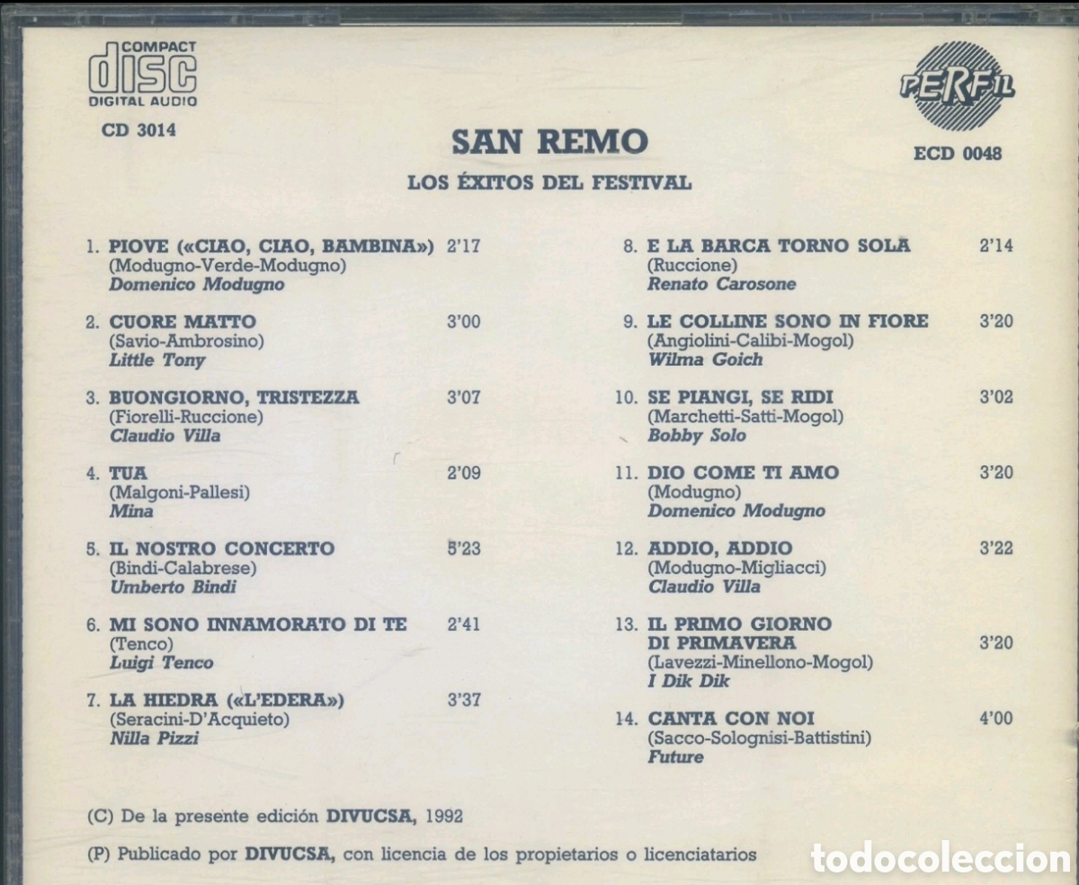 CDs de m&uacute;sica: San Remo Los grandes exitos 1992 - Foto 2