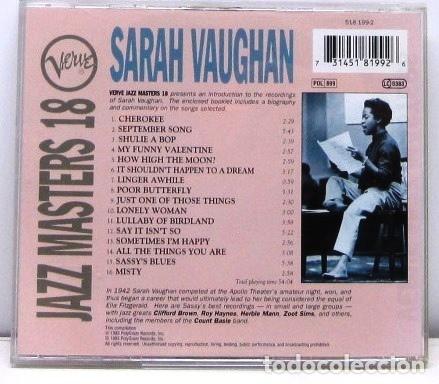 CDs de m&uacute;sica: SARAH VAUGHAN - JAZZ MASTERS 18 - CD - Foto 2