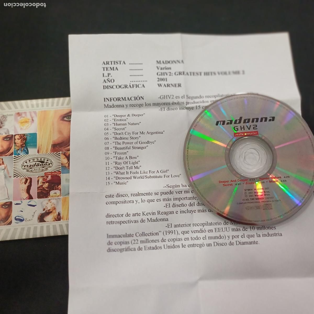 CDs de M&uacute;sica: MADONNA/GHV2/RADIO SEMPLER/CD SINGLE 5 TRACKS + HOJA PROMOCIONAL DEL ALBUM.