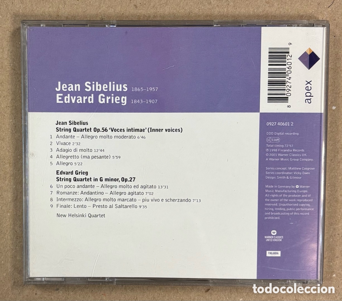 CDs de m&uacute;sica: CD. SIBELIUS & GREIG: STRING QUARTETS. WARNER CLASSICS 2001. - Foto 3