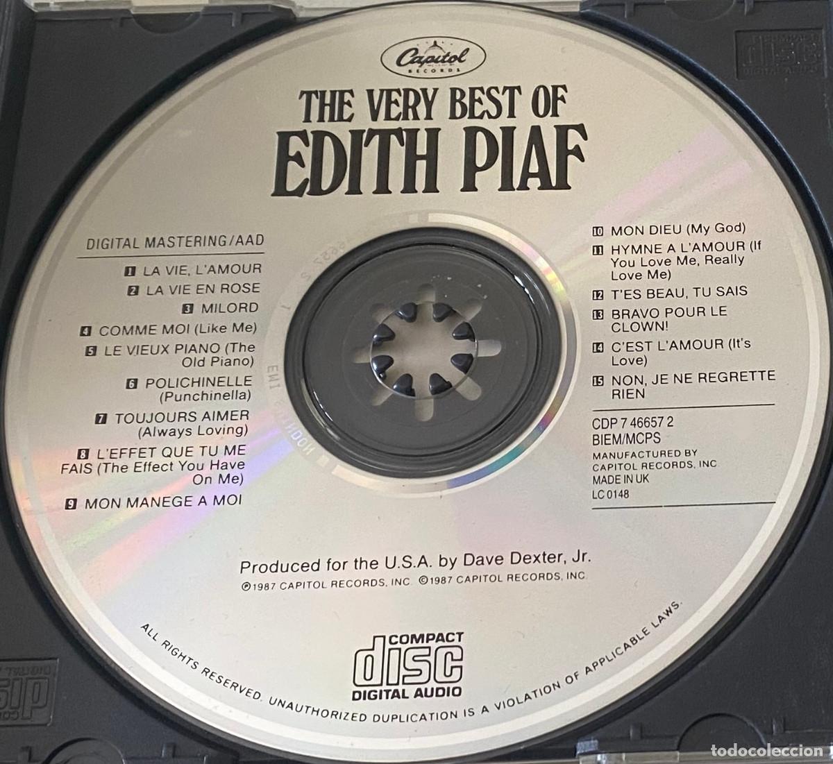 CDs de M&uacute;sica: 'The Very Best of Edith Piaf'. M&uacute;sica mel&oacute;dica / Chanson francesa. 15 temas. 1987. Sin car&aacute;tula.