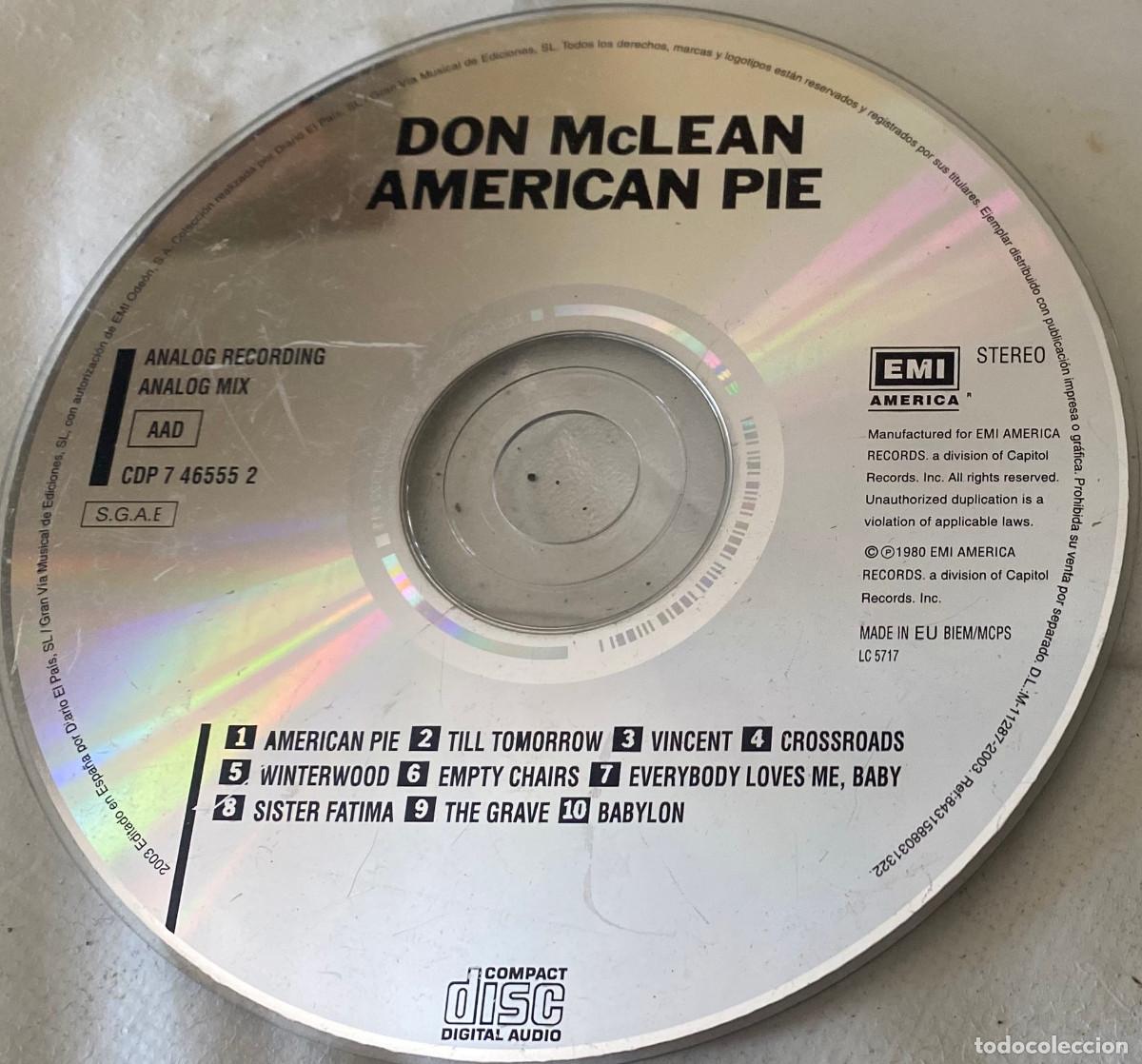 CDs de M&uacute;sica: 'American Pie', de Don Mclean. Rock / Pop-Rock. 10 temas. Edici&oacute;n de 2003. En funda transparente.