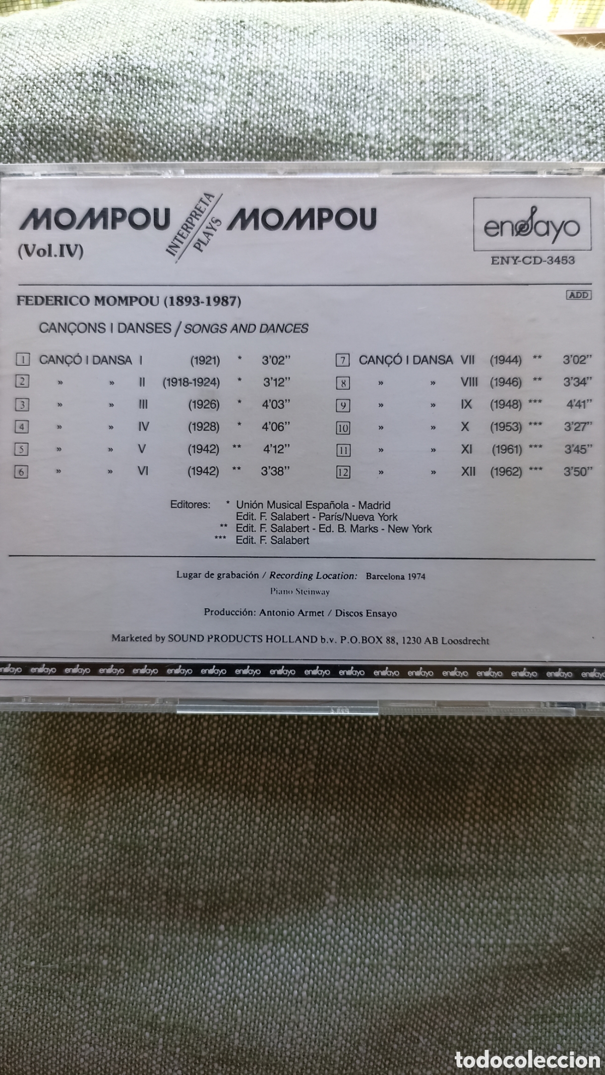 CDs de m&uacute;sica: CD &rdquo;Mompou interpreta Mompou (Vol. IV): Can&ccedil;ons i Danses&rdquo; - Foto 2