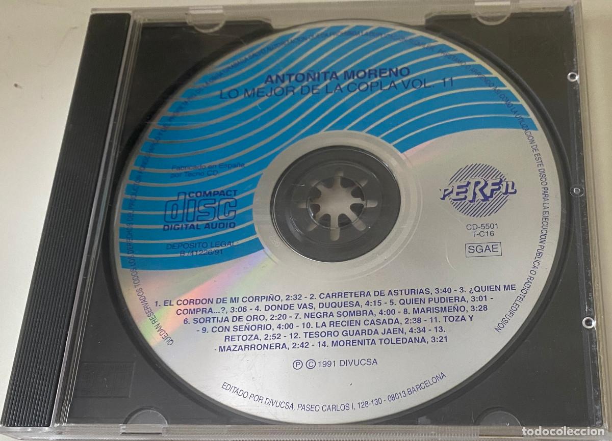 CDs de M&uacute;sica: 'Lo Mejor de la Copla - Vol. 11', de Anto&ntilde;ita Moreno. &Eacute;xitos. 14 temas. Divucsa. 1991. Sin car&aacute;tula.