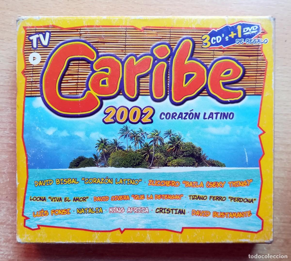 CDs de M&uacute;sica: Caribe 2002 Coraz&oacute;n latino Caja, cartaulas, promo Port Aventura y DVD. No CDs.