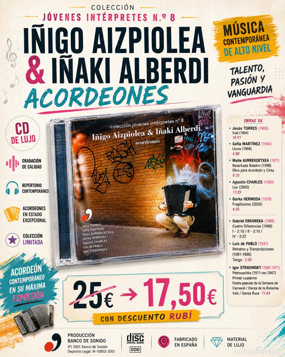 CD de M&uacute;sica: I&Ntilde;IGO AIZPIOLEA & I&Ntilde;AKI ALBERDI | ACORDEONES | J&Oacute;VENES INT&Eacute;RPRETES N.&ordm; 8 | CD LUJO