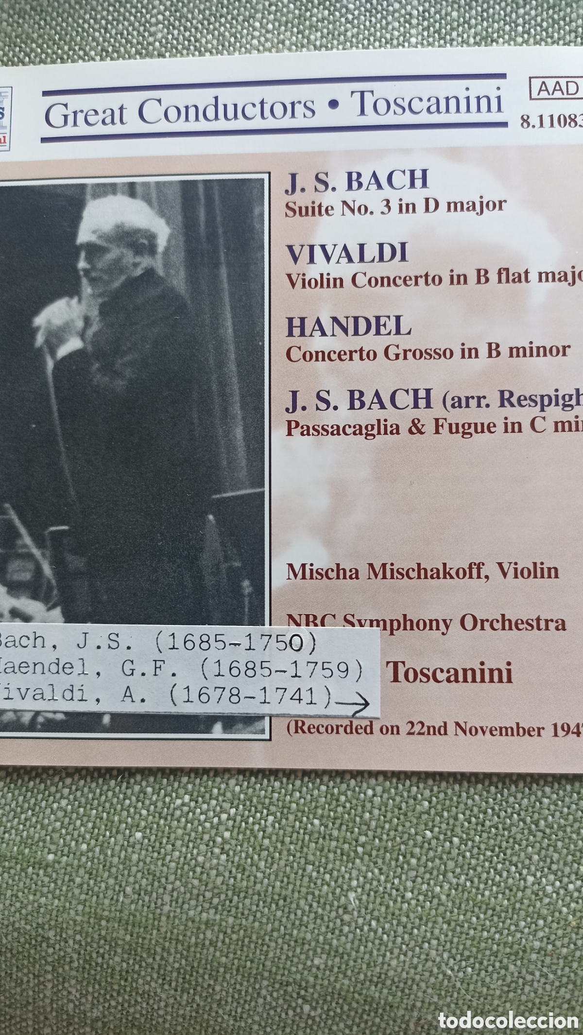 CDs de M&uacute;sica: Grabaci&oacute;n hist&oacute;rica.Bach,Vivaldi, Hendel Great Conductors &bull; Toscanini&rdquo;.