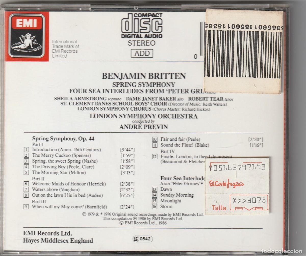 CDs de m&uacute;sica: BRITTEN - SPRING SYMPHONY (CD EMI 1986) ANDRE PREVIN - Foto 2