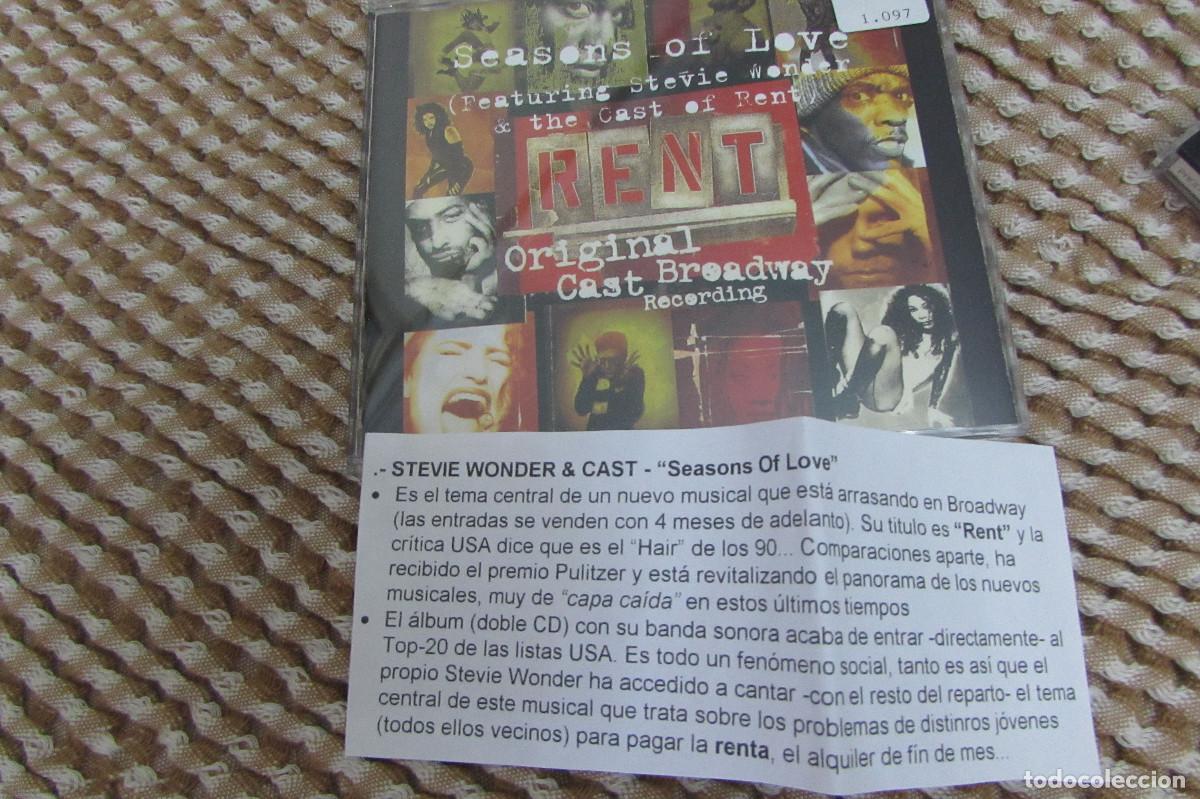 CDs de m&uacute;sica: The Cast Of Rent, Feat. Stevie Wonder&ndash; Seasons Of Love cd single promo CADENA 100