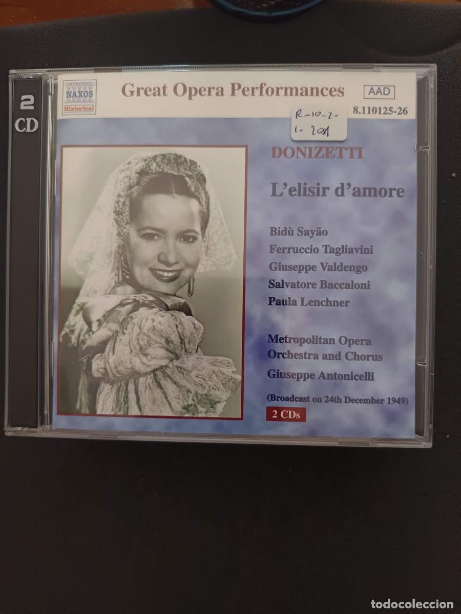 CDs de m&uacute;sica: 2 CD. DONIZETTI: L'ELISIR D'AMORE. DIR: GIUSEPPE ANTONICELLI. INT&Eacute;RP: BID&Ugrave; SAY&Agrave;O, FERRUCCIO TAGLIAVI