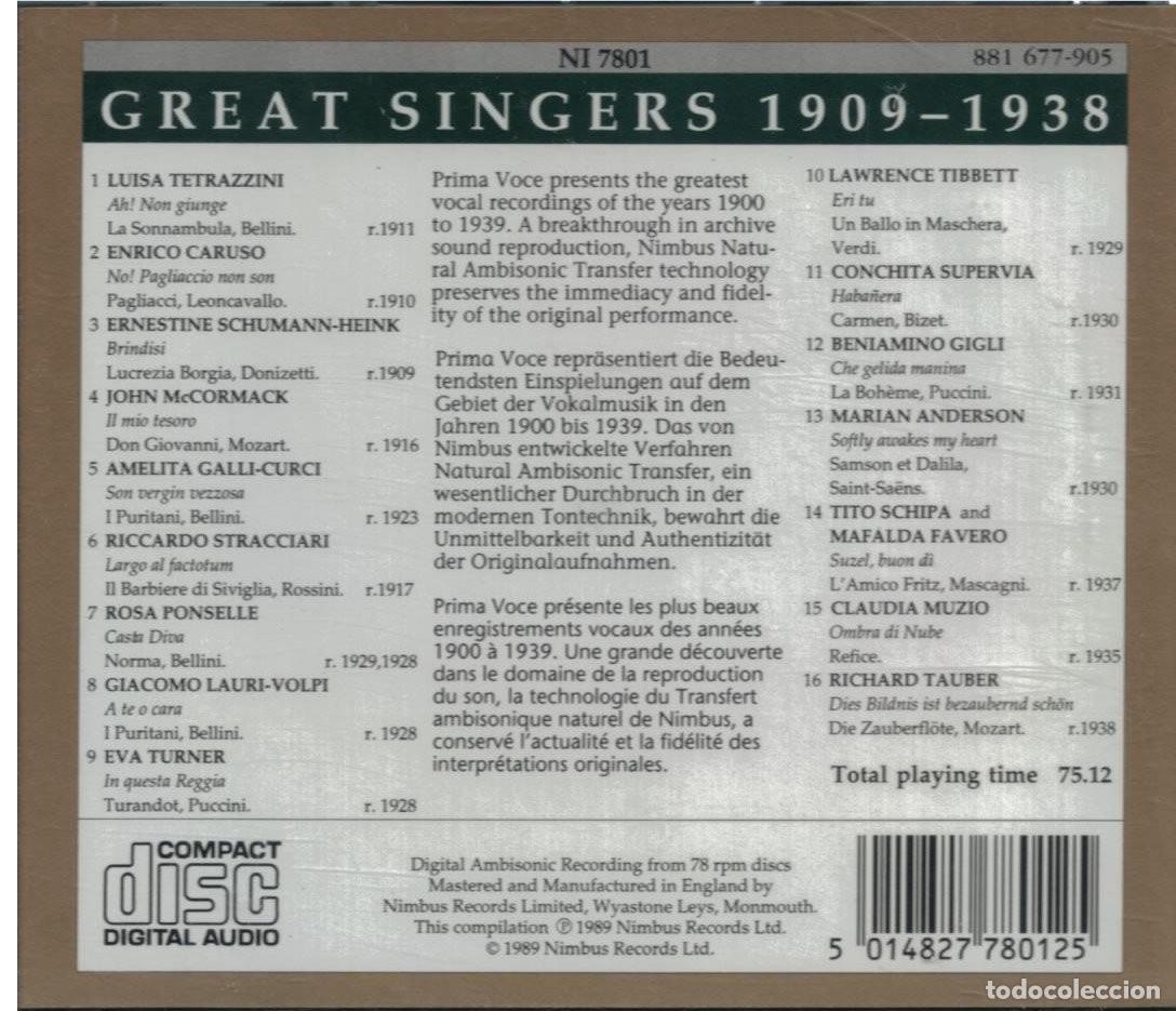 CDs de m&uacute;sica: Various - Great Singers 1909-1938 (CD) - Foto 2