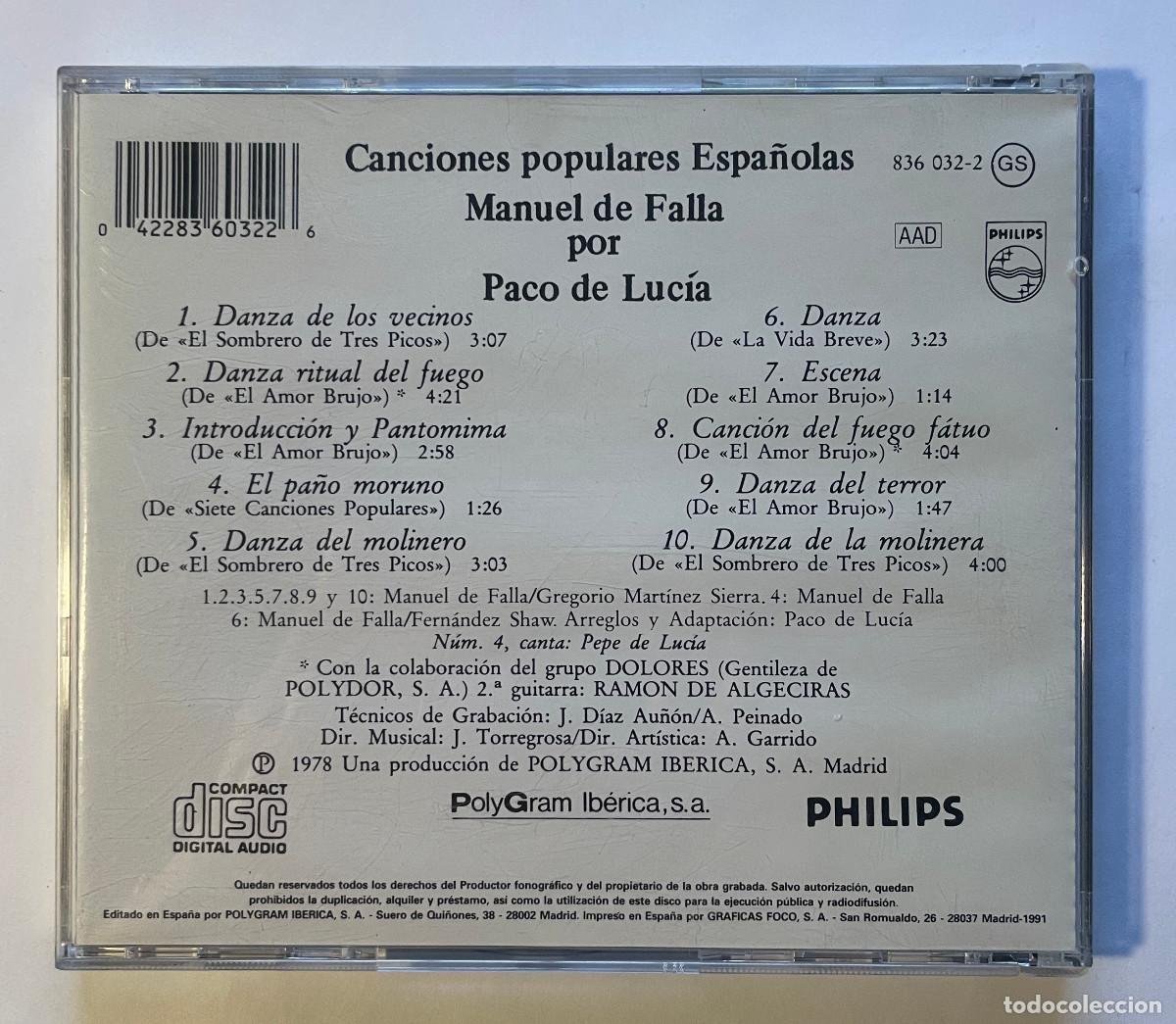 CDs de m&uacute;sica: PACO DE LUCIA / INTERPRETA A MANUEL DE FALLA / CD 1991 PHILIPS / ESPA&Ntilde;A - Foto 2