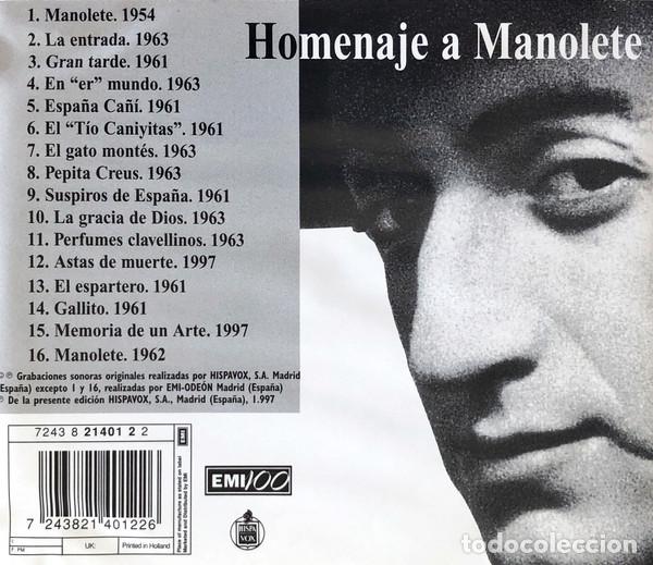 CDs de m&uacute;sica: Various &ndash; Homenaje A Manolete (CD, Hispavox none) - Foto 3