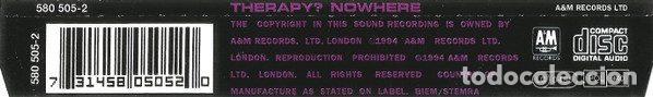 CDs de m&uacute;sica: Therapy? &ndash; Nowhere (CD, A&M Records 580 505-2) - Foto 2