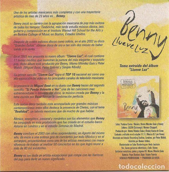 CDs de m&uacute;sica: Benny &ndash; Llueve Luz (CD, WEA PR04938) - Foto 2