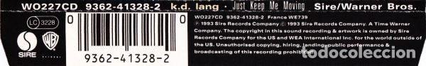CDs de m&uacute;sica: k.d. lang &ndash; Just Keep Me Moving (CD, Warner Bros. Records WO227CD) - Foto 2