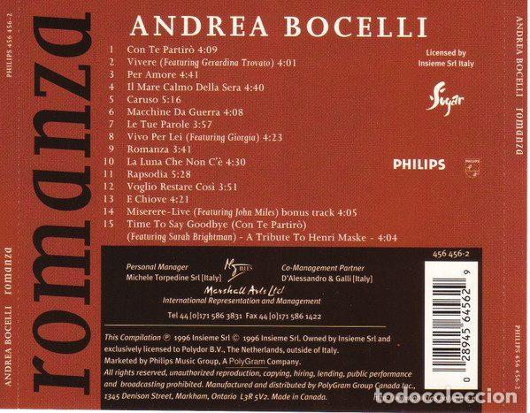 CDs de m&uacute;sica: Andrea Bocelli &ndash; Romanza (CD, Philips 456 456-2) - Foto 2