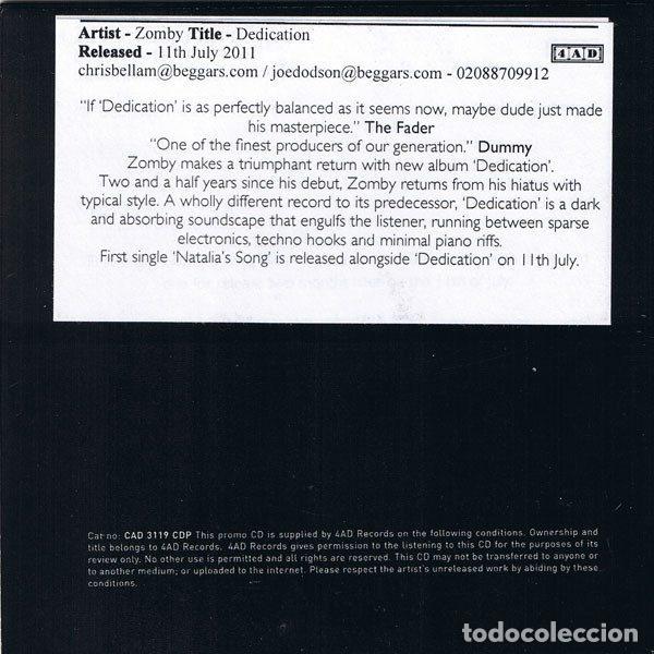 CDs de m&uacute;sica: Zomby &ndash; Dedication (CDr, 4AD CAD 3119 CDP) - Foto 2