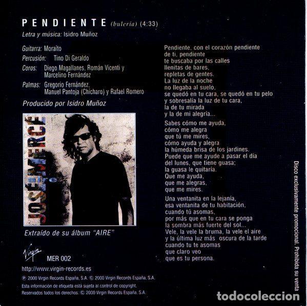 CDs de m&uacute;sica: Jos&eacute; Merc&eacute; &ndash; Pendiente (CD, Virgin MER 002) - Foto 2