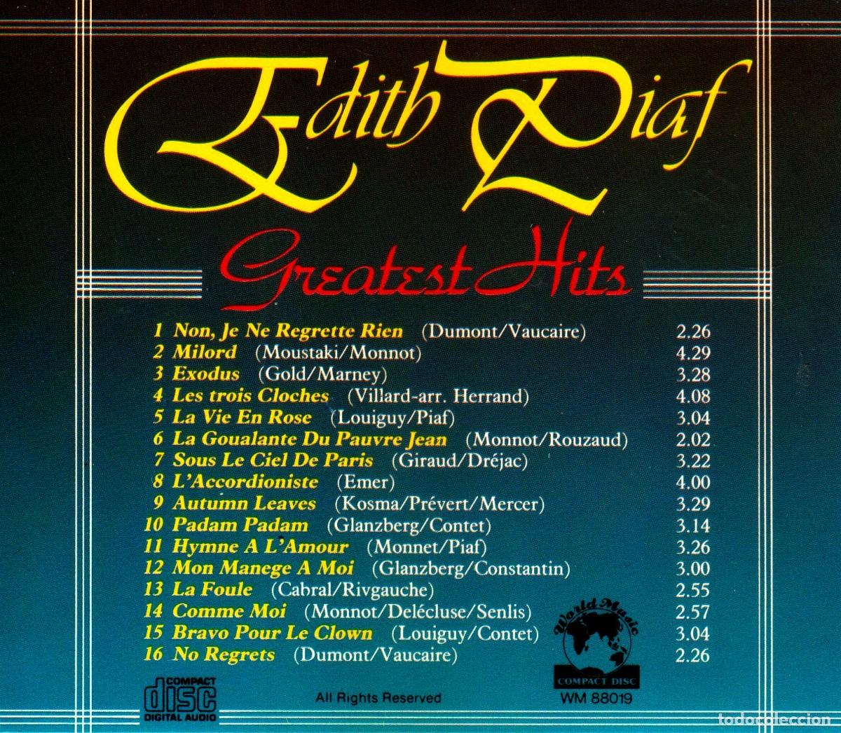 CDs de m&uacute;sica: EDITH PIAF. GREATEST HITS. RECOPILATORIO. CD. - Foto 2