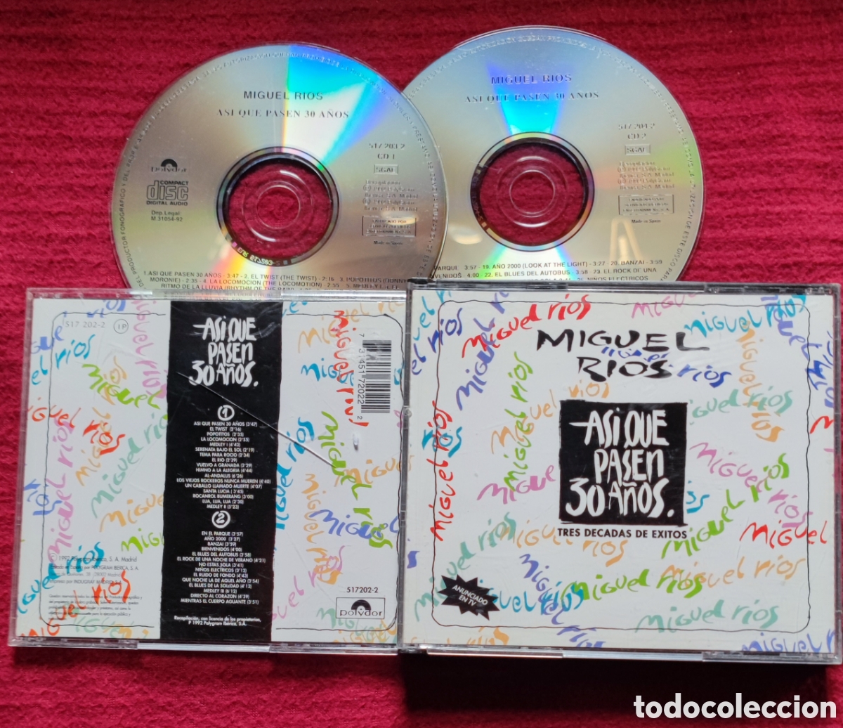 CDs de m&uacute;sica: MIGUEL R&Iacute;OS: As&iacute; que pasen 30 a&ntilde;os. Tres d&eacute;cadas de &eacute;xitos. 2 Cd's. 1992 Polydor. Caja grande doble.