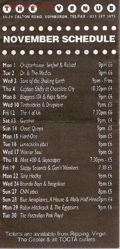 M&uacute;sica de colecci&oacute;n: Tr&iacute;ptico de la programaci&oacute;n musical de la sala The Venue de Edimburgo (Escocia). 1993. En ingl&eacute;s.