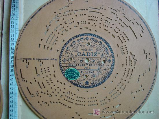 Musica di collezione: C&aacute;diz. Sevillanas y caleseras. n&ordm; 1. Disco cart&oacute;n perforado para Arist&oacute;n. Finales del siglo XIX.
