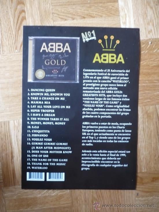 M&uacute;sica de colecci&oacute;n: CART&Oacute;N PROMOCIONAL DISCO ABBA GOLDEN N&ordm;1 CON FOTO