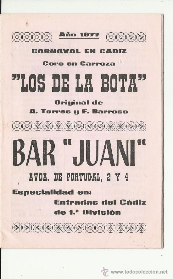 M&uacute;sica de colecci&oacute;n: Carnaval de Cadiz.Libreto del coro Los de la bota..a&ntilde;o 1977
