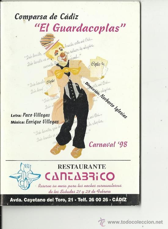 M&uacute;sica de colecci&oacute;n: carnaval de cadiz libreto comparsa el guardacoplas 1998