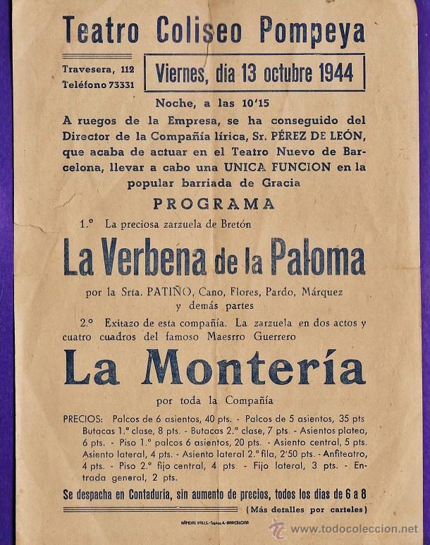 M&uacute;sica de colecci&oacute;n: programa - zarzuela - la verbena de la paloma / la monteria - coliseo pompeya /gracia -a&ntilde;o 1944