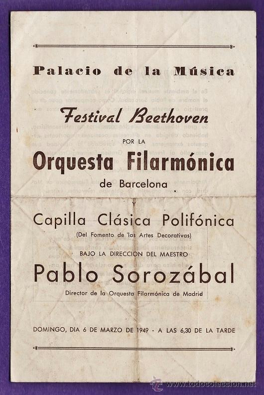 M&uacute;sica de colecci&oacute;n: programa - festival beethoven - orquesta filarmonica de barcelona - palacio musica - a&ntilde;o 1949