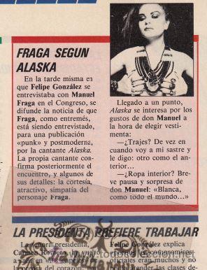 M&uacute;sica de colecci&oacute;n: RECORTE/ARTICULO 1985 - ALASKA OLVIDO GARA HABLA DE FRAGA