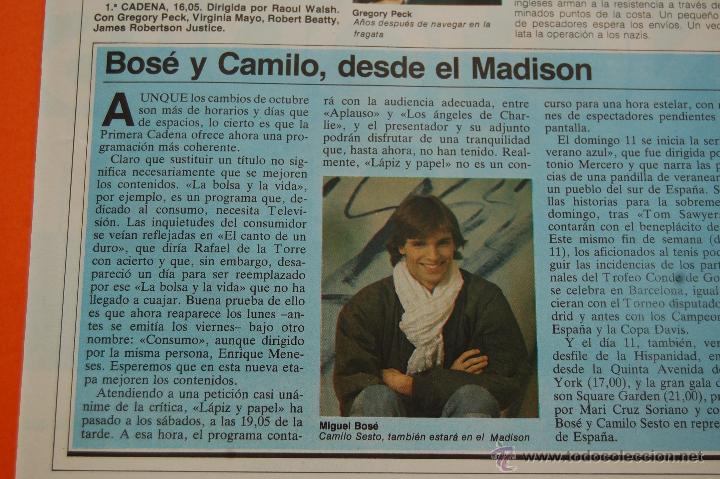 M&uacute;sica de colecci&oacute;n: RECORTE/ARTICULO 1981 - MIGUEL BOSE Y CAMILO SESTO ACTUARAN EN EL MADISON - 1 PAGINAS