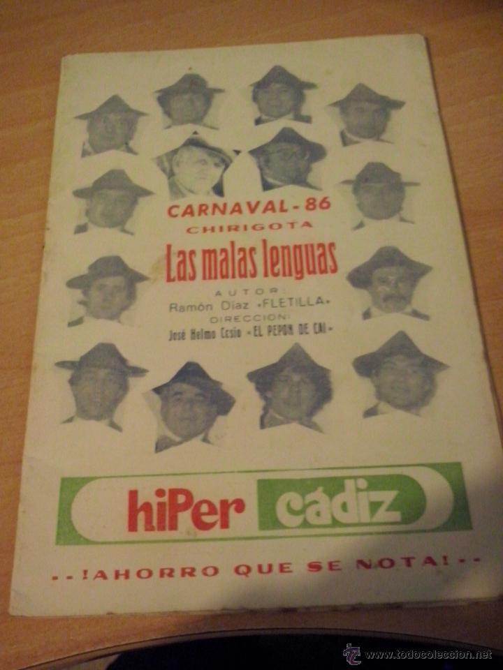 M&uacute;sica de colecci&oacute;n: carnaval de cadiz libreto de la chirigota de fletilla las malas lenguas 1986