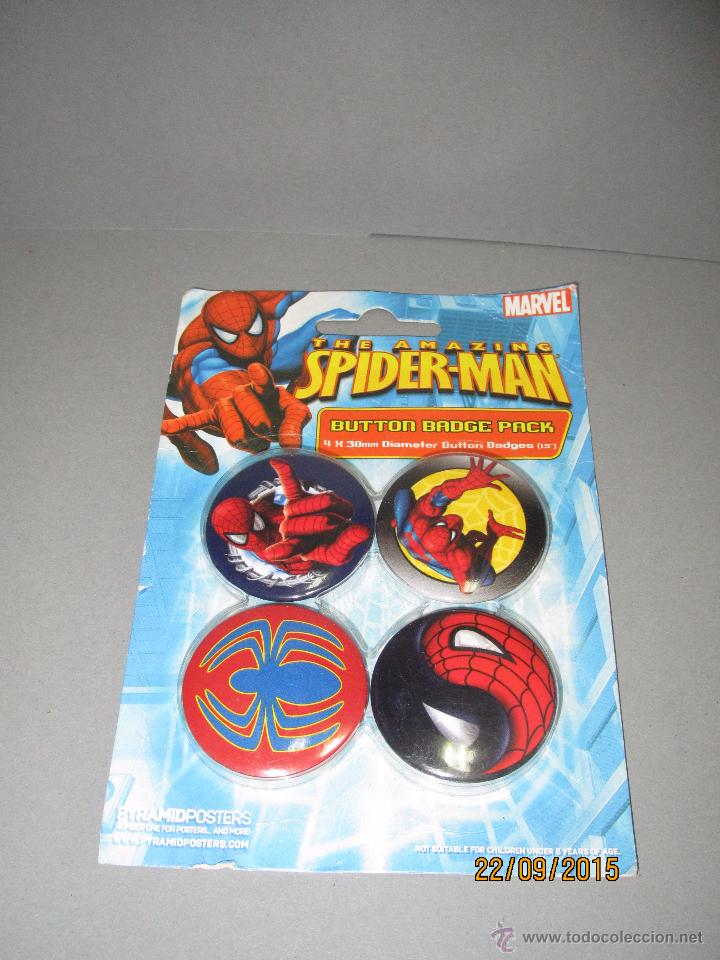 M&uacute;sica de cole&ccedil;&atilde;o: Antiguo Blister sin Abrir con 4 Chapas de Imperdible SPIDER-MAN de MARVEL 4 cm. de Diametro.