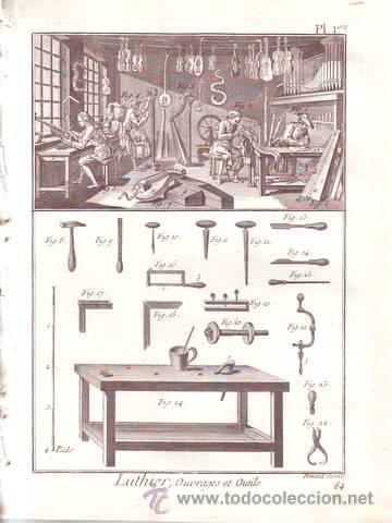Musica di collezione: DIDEROT: LUTHIER. Ouvrages et Outils. 21 l&aacute;minas grabadas al cobre, siglo XVIII