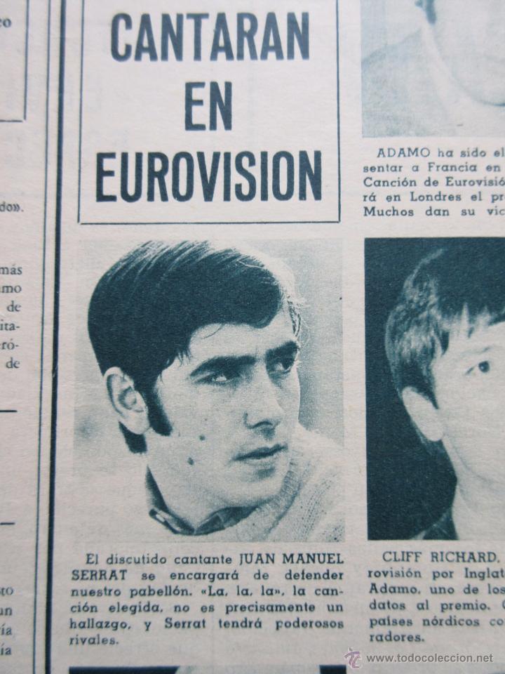 M&uacute;sica de colecci&oacute;n: RECORTE 1968 - JOAN MANUEL SERRAT CANTARA LA, LA,LA, EUROVISION / RAPHAEL 1&ordf; FOTO DIGAN LO QUE DIGAN