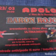 Música de colección: BARON ROJO + SACRED - FLYER DEL CONCIERTO EN LA SALA APOLO (BARCELONA).. Lote 96509091